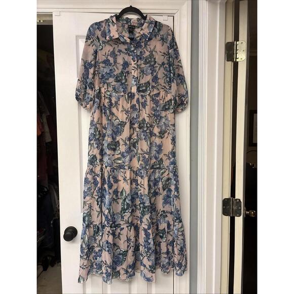 Kate & Lily Size 6 Maxi Dress Sheer Pink Floral Tropical Chiffon Collared Butt - Picture 1 of 8